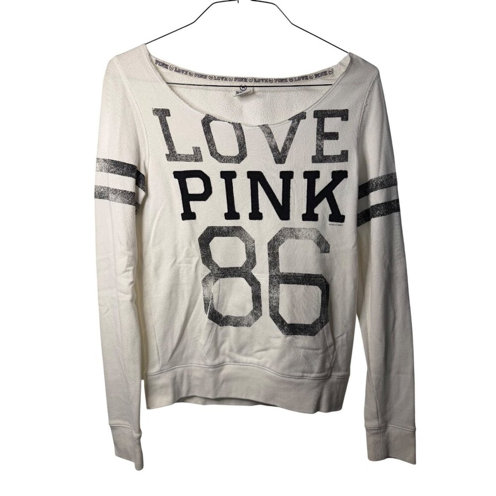 VTG Y2K PINK Victoria's Secret‎ Women S/P White Sweatshirt LOVE 86 Faded Graphic